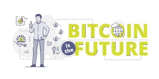 illustrative typography horizontal banner with words 'bitcoin is the future' and man pointing finger up. bitcoin related vector flat linear design concept
