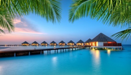water villas in lagoon, maldives resort island in sunset. detail of palm leaves on foreground. vacation and beach relaxation, summer holidays background