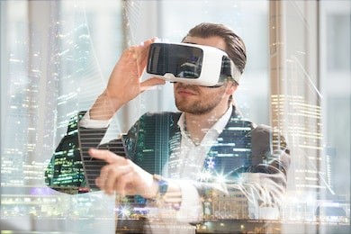 architect in vr glasses working in augmented reality of city space. man wearing virtual reality glasses, pointing at digitally simulated urban view. businessman in 3d goggles interacts with cyberspace