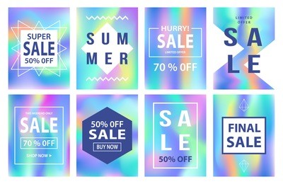 sale banners template set for online shopping, mobile, website design. social media posters, promotional material, ads, email marketing, newsletter. holographic neon background. vector illustration
