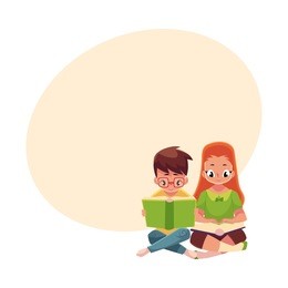 two kids, boy in glasses and red haired girl, reading books sitting on the floor, cartoon vector illustration with space for text. kids, boy and girl, reading books, sitting