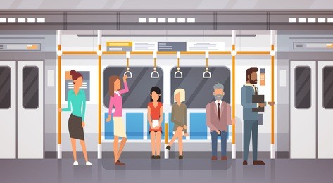 people passangers in subway car modern city public transport, underground tram flat vector illustration