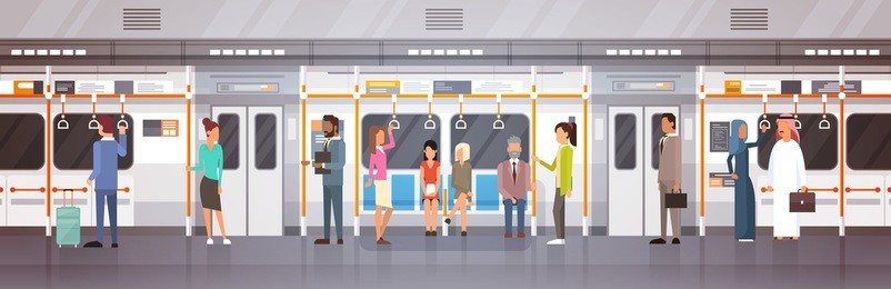 people passangers in subway car modern city public transport, underground tram flat vector illustration