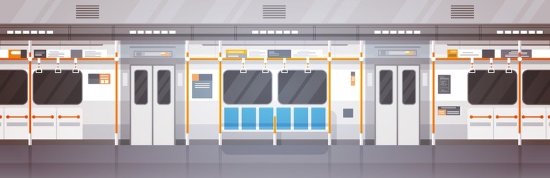 empty subway car interior modern city public transport, underground tram flat vector illustration