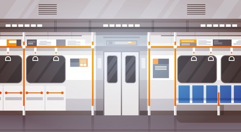 empty subway car interior modern city public transport, underground tram flat vector illustration