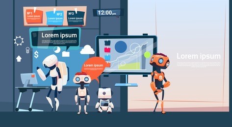 modern office business robots group working, company cyborg team banner with copy space flat vector illustration