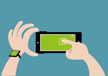 a hand with wearable tech touches the screen of the mobile phone camera to focus or take a shot. editable clip art.