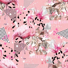 tropical seamless pattern with watercolor flowers, bird - flamingo and textured shape. abstract pink floral background with grunge texture. geometric and hand drawn exotic illustration. 