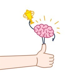 brain champion. vector concept illustration of best brain with golden goblet standing on thumb up | flat design linear infographic icon colorful  on white background