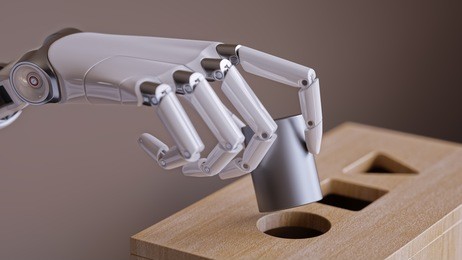 robotic hand with cylinder and shape sorting toy closeup. machine learning and recognition concept 3d illustration