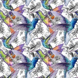 hand drawn seamless texture with hummingbirds on white background