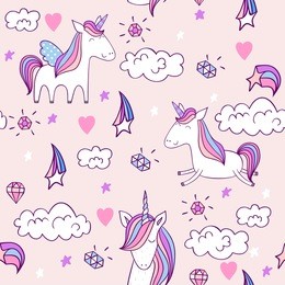 magic cute unicorn with castle. vector seamless pattern
