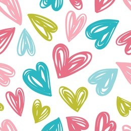 seamless pattern in the concept of children's drawings. background with hearts in pastel colors. great for baby, valentine's day, mother's day, wedding, scrapbook, surface textures.