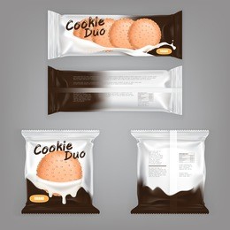 vector illustration of a package design with milk-stains for a sandwich cookie. a pack of foil with delicious cookie filled with milk chocolate