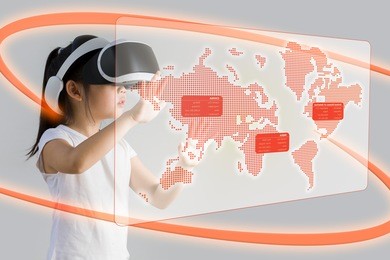 vr or virtual reality for education concept illustrated by asian child wearing vr headset