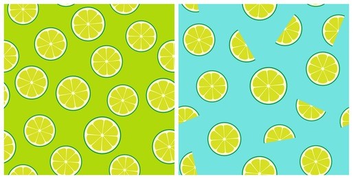 limeade seamless vector pattern tiles. green lime round and half slices randomly arranged on green and aqua blue background. lemonade stand picnic party decor. food packaging design. swatches included