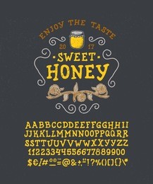 font honey. handmade type. navy background. isolated doodle vector letters and numbers. serif alphabet. modern display typeface. drawn graphic design of latin characters, digit, punctuation.