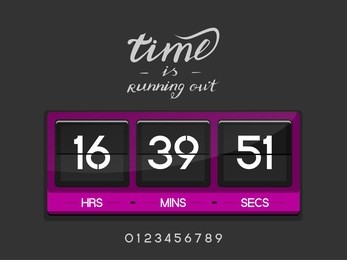 countdown timer for the website. square section. hours, minutes, seconds. dark gray background. stock inscription time is running out, lettering