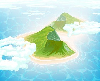 island in the middle of the ocean, mountains and clouds. aerial view. vector illustration