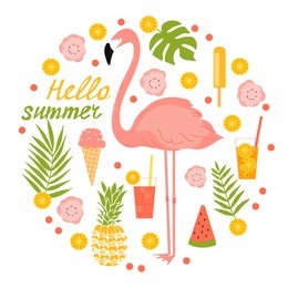 summer illustration with flamingos, ice cream and flowers.
