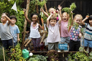 children are in the garden watering the plants