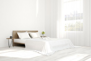 white modern bedroom. scandinavian interior design. 3d illustration