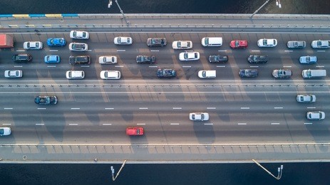 aerial top view of bridge road automobile traffic of many cars, transportation concept
