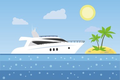 yacht in the sea on the background of the sunny sky and sand beach. vector illustration.