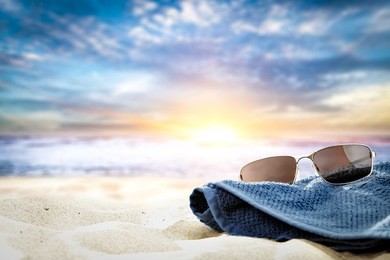 summer background on beach with summer tools decoration and free space for your product 