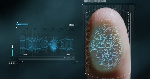 futuristic digital processing of biometric fingerprint scanner. concept of surveillance and security scanning of digital programs and fingerprint biometrics. cyber futuristic applications future voice