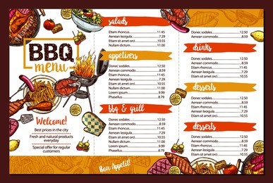 barbecue restaurant menu. template design of bbq brochure in sketch color style