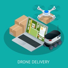 isometric drone fast delivery of goods in the city. technological shipment innovation concept. autonomous logistics. 