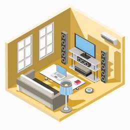  isometric illustration design of a living room with a sofa, table and tv system