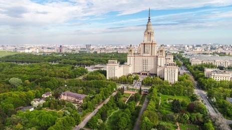 aerial panorama of the lomonosov moscow state university main building. sparrow hills, moscow, russia. aerial drone photo.