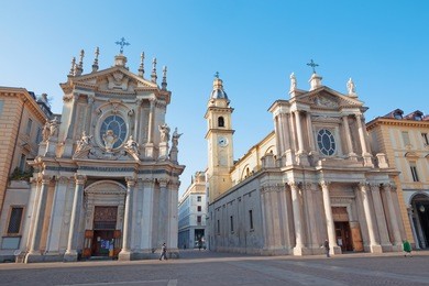 turin - the piazza san carlo square and churches santa cristina and sant carlo (right).