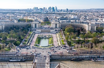 view of the old town, river seine, the palais de chaillot and the modern business district of paris - la defense from eiffel tower - la tour eiffel in paris, france