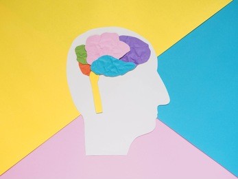 human head brain made by colorful paper on abstract geometric background. creative concept of brain right side hemispheres is controlling imagination, feeling, inspiration and emotion. minimal style.