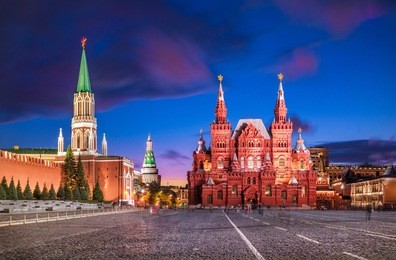 historical museum on red square in moscow under a blue night sky