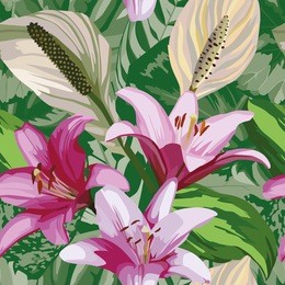 floral hand drawn composition of beautiful flowers of lily. seamless wallpaper pattern green begonia leaves background