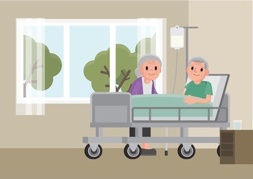 senior woman visits a senior man lying on hospital bed. senior man resting in a bed. flat cartoon style vector illustration.