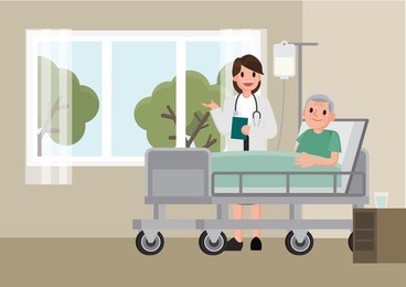 a doctor visits a patient lying on hospital bed. senior man resting in a bed. flat cartoon style vector illustration.