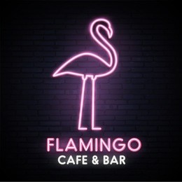 flamingo cafe and bar. neon bright sign. logo. bright banner. flamingo. emblem. vector image