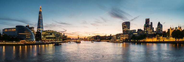 london cityscape panorama at sunset, seen from tower bridge