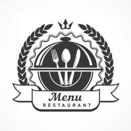 design menu label with fork, spoon & knife, vector emblem for restaurant, illustration on white