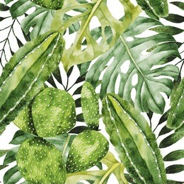 watercolor hand drawn seamless pattern with tropical plants and succulents