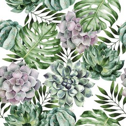 watercolor hand drawn seamless pattern with tropical plants and succulents