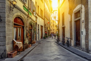 narrow street in florence, tuscany, italy. architecture and landmark of florence. cozy florence cityscape