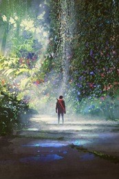 the man walking in beautiful forest with digital art style, illustration painting