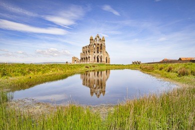 whitby abbey, whitby, north yorkshire, reflected in a pool.
