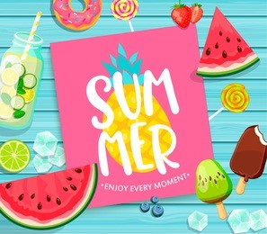 summer lettering on blue wooden background with pineapple, watermelon, detox, ice, donut, ice cream, lime and candy. vector illustration.